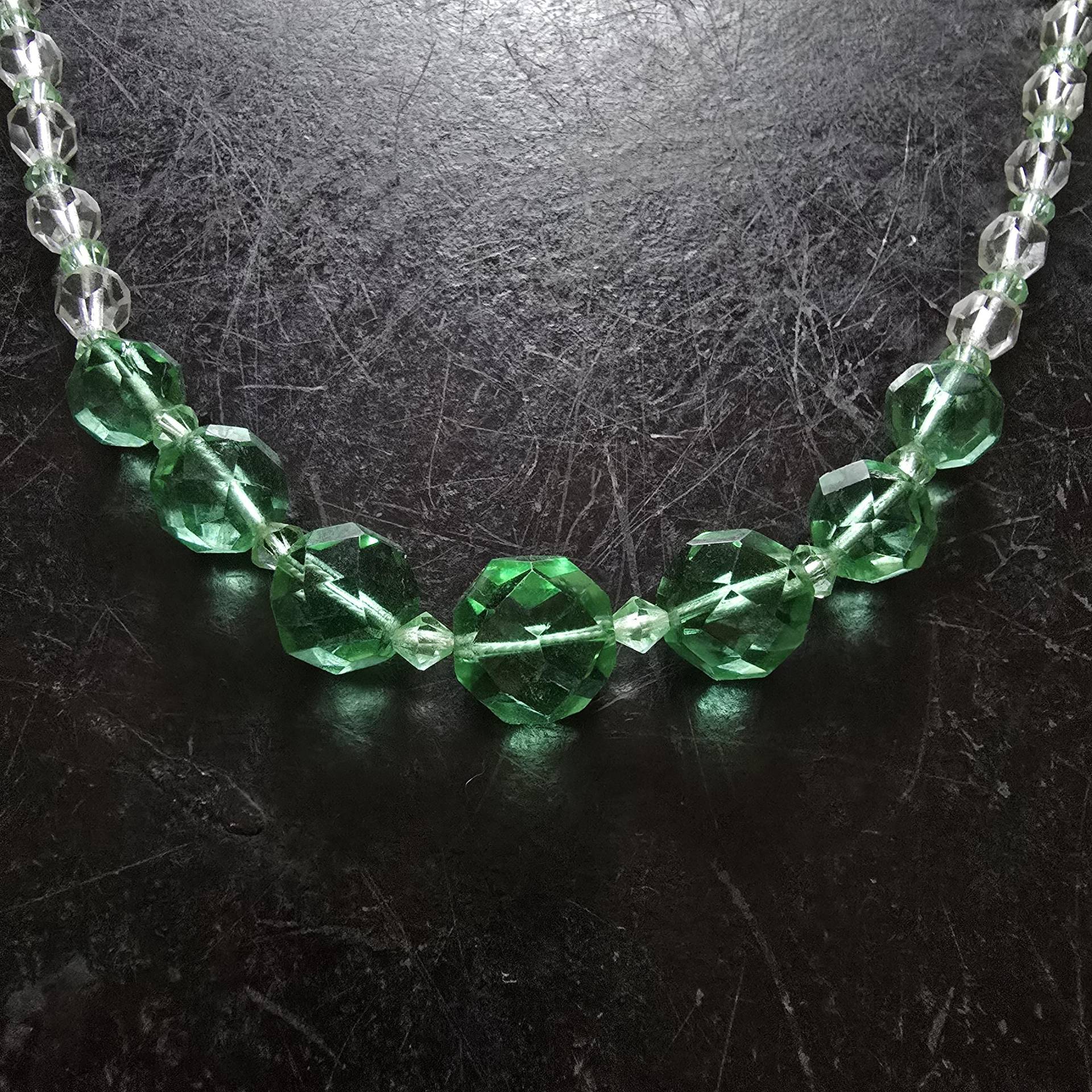 Vintage Uranglas Und Klare Facettierte Kristall Perle Halskette, 835 Silber Art Nouveau, Cut Glass, Vaseline Glass, Deco Uranglas, Grün von glaskult13