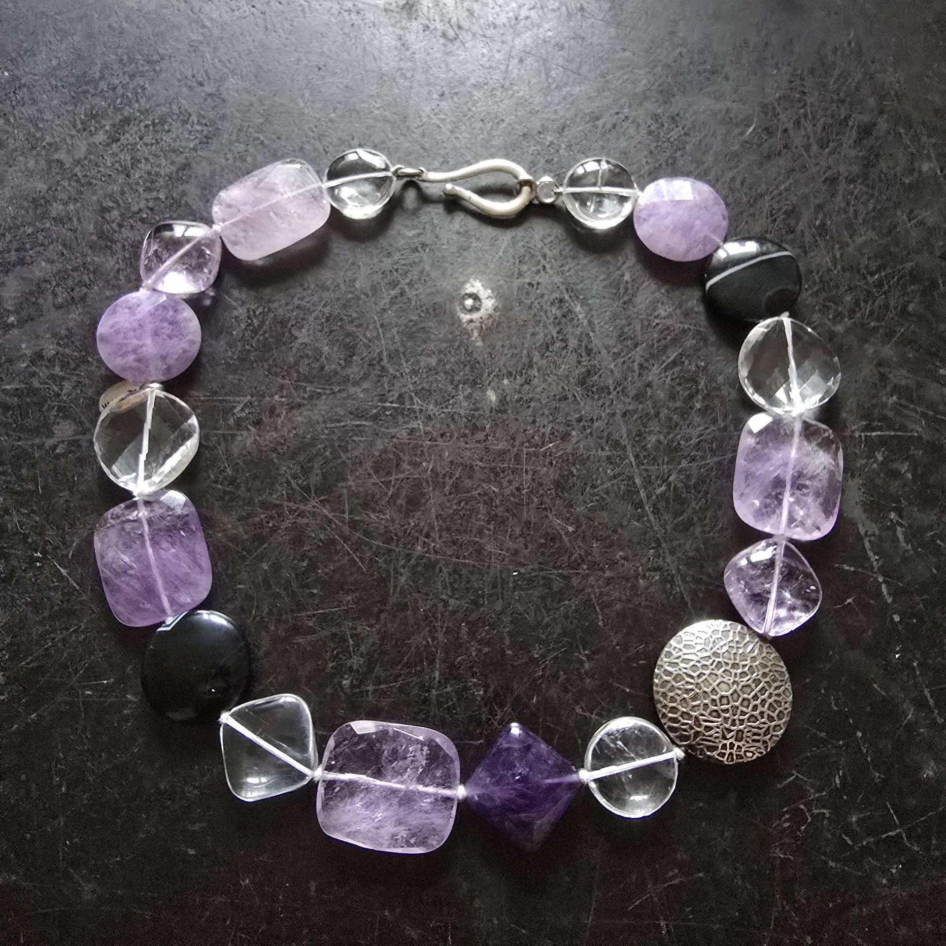 xl Designer Rohm Amethyst Kette, 925 Silber, Geometrisch, Tolle Qualität, Bergkristall, Achat, Edelsteinschmuck, Ethno, Lagenlook von glaskult13
