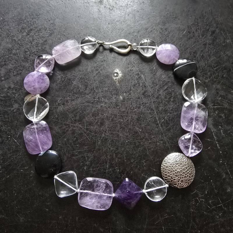 xl Designer Rohm Amethyst Kette, 925 Silber, Geometrisch, Tolle Qualität, Bergkristall, Achat, Edelsteinschmuck, Ethno, Lagenlook von glaskult13