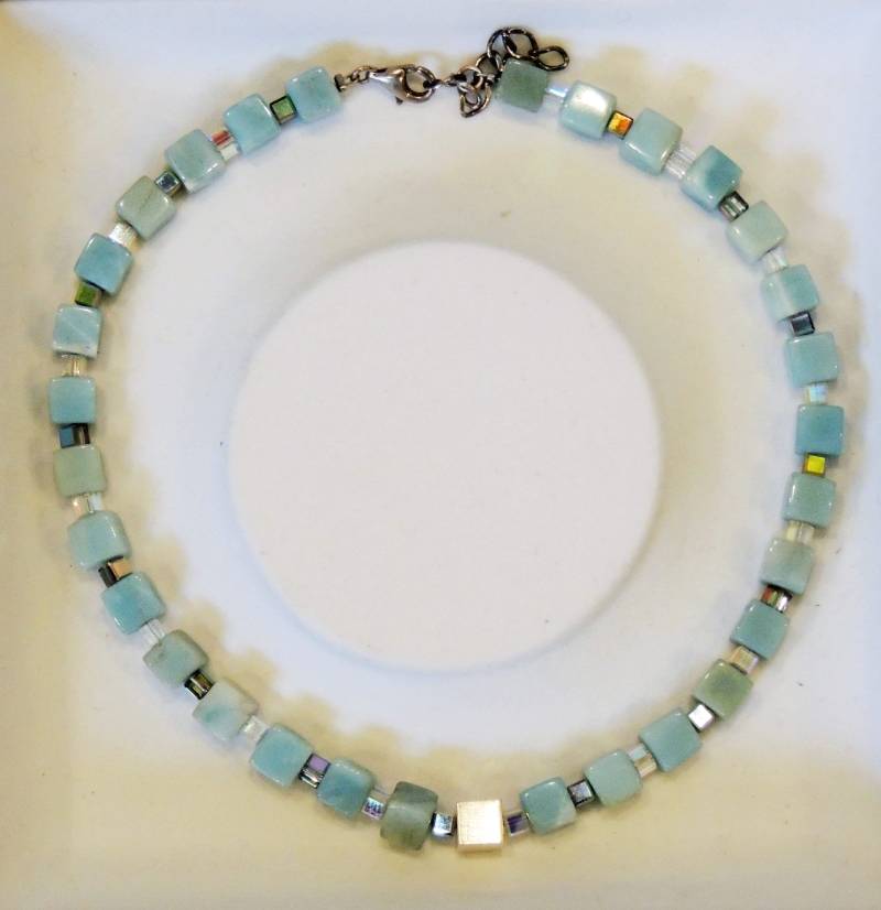 Halskette, Collier, Aventurin, Würfelkette, Cube, Silberwürfel von glasschmuckdesign