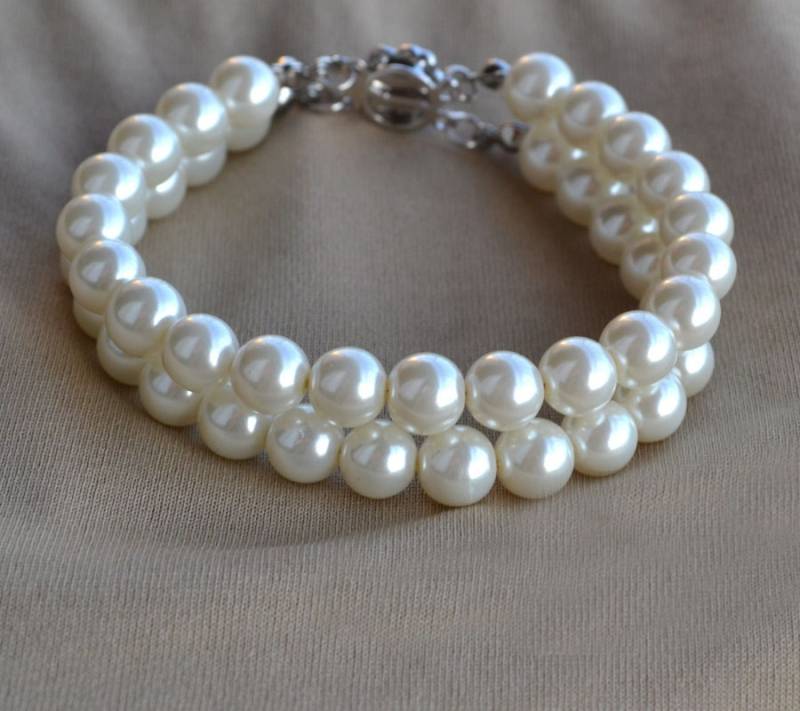 Elfenbein Glas Perlen Armband, Zwei Reihen Brautschmuck von glasspearlstore