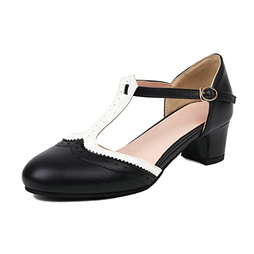 Damen Closed Toe Mary Jane Pump Schuhe Round Toe Oxford Schuhe Knöchel T-Riemen Schnalle Kleid Absatz Schuhe, schwarz, 38.5 EU von glglgege