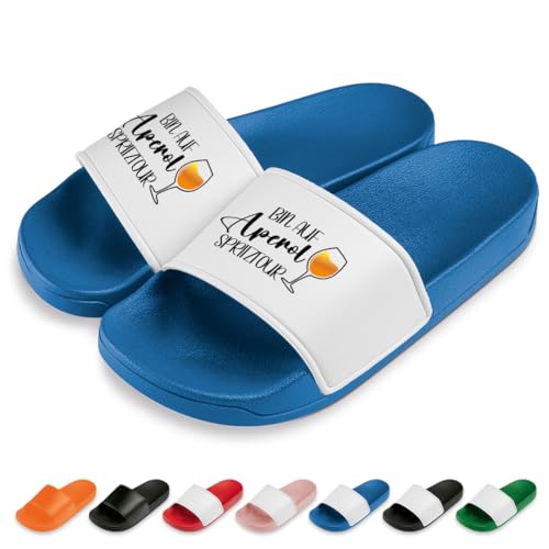 Bin auf Aperol-Spritztour Badelatschen | Slipper | Badeschuhe | Schlappen | Hausschuhe | Pantoletten | Unisex | Urlaub | Malle | JGA | Geschenkidee | Lustige Motive | Rutschfest | Blau | Größe 38 von glitzertassen-de