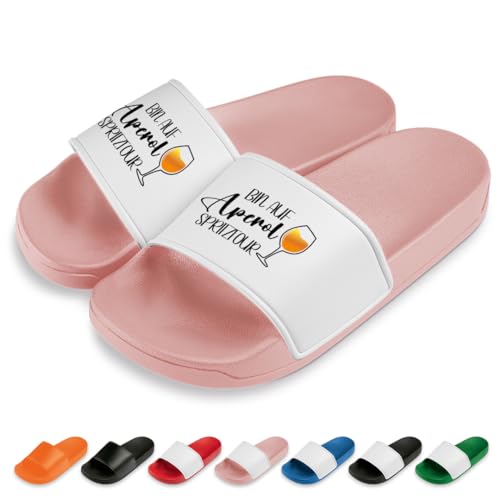 Bin auf Aperol-Spritztour Badelatschen | Slipper | Badeschuhe | Schlappen | Hausschuhe | Pantoletten | Unisex | Urlaub | Malle | JGA | Geschenkidee | Lustige Motive | Rutschfest | Rosa | Größe 40 von glitzertassen-de