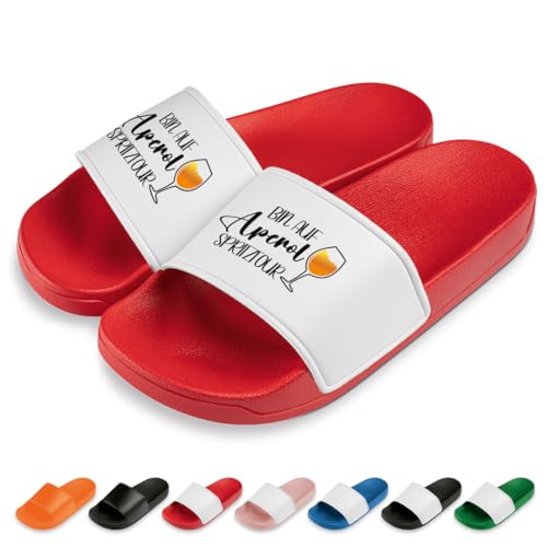 Bin auf Aperol-Spritztour Badelatschen | Slipper | Badeschuhe | Schlappen | Hausschuhe | Pantoletten | Unisex | Urlaub | Malle | JGA | Geschenkidee | Lustige Motive | Rutschfest | Rot | Größe 39 von glitzertassen-de