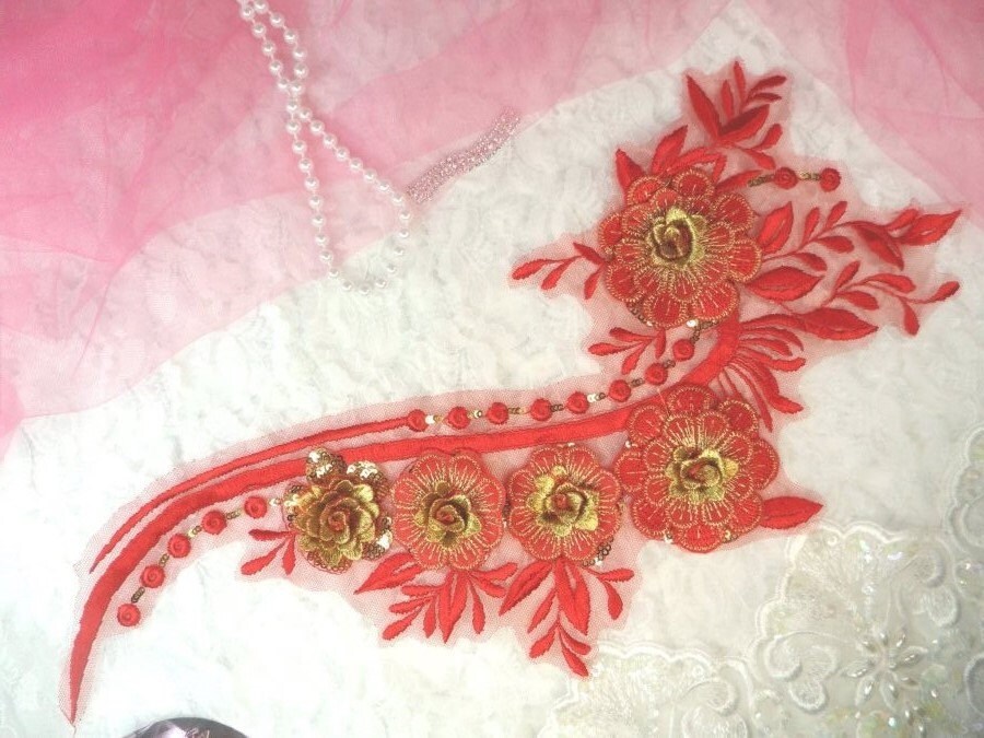 3D Applikation Rot Gold Floral Ballett Pailletten Patch Dh74-rdgl Bestickt von gloryshouse