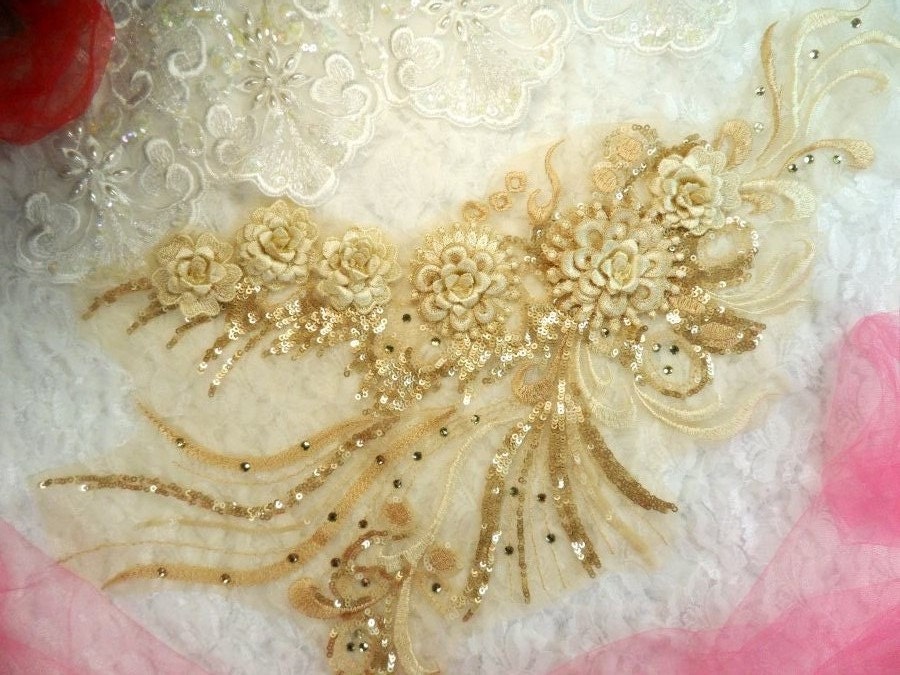 3D Stickerei Akzentuiert Applique Beige Gold Floral Ballett Pailletten Patch Strass 20"(Dh71-Bggl von gloryshouse