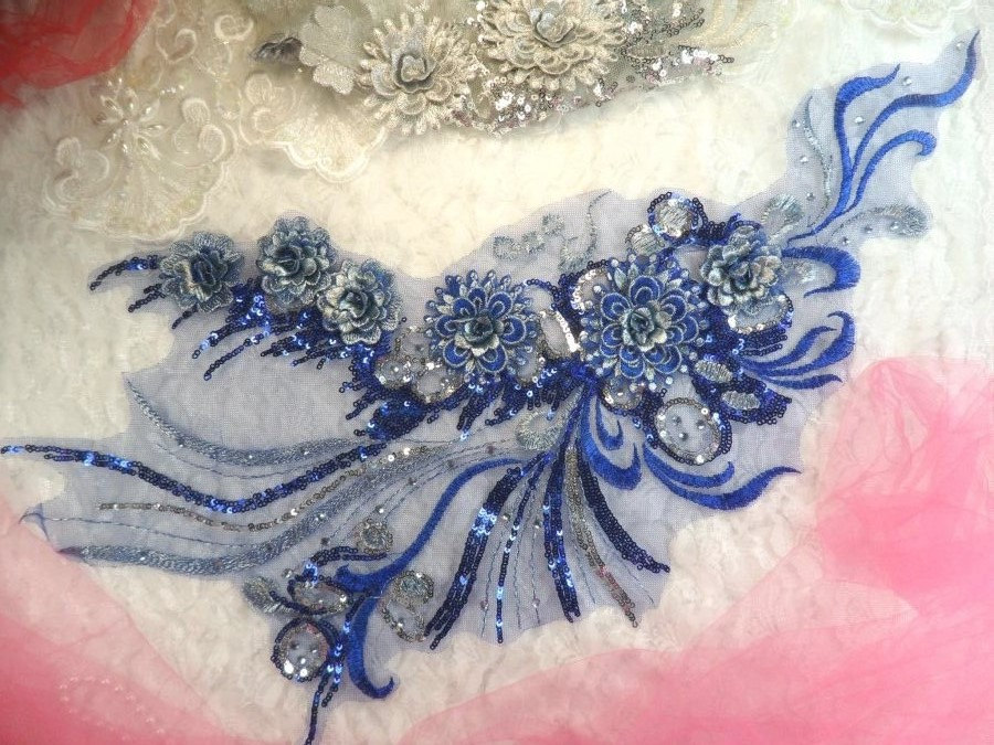 3D Stickerei Akzentuiert Applique Blau Silber Floral Ballett Pailletten Patch Strass 20"(Dh71-Blsl von gloryshouse