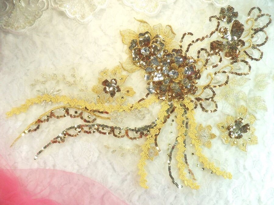 3D Stickerei Akzentuiert Applique Bronze Gold Floral Ballett Pailletten Patch Strass 14"(Dh75-Bzgl von gloryshouse