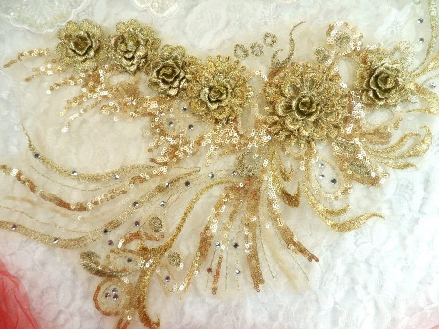 3D Stickerei Akzentuiert Applique Hell Gold Floral Ballett Pailletten Patch Strass 20"(Dh71-Lgl von gloryshouse