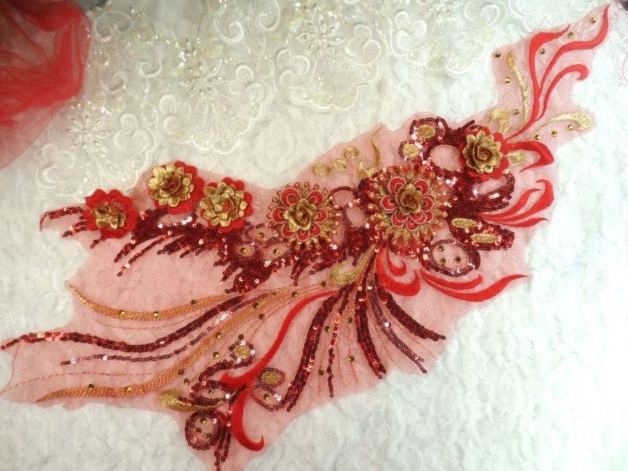 3D Stickerei Akzentuiert Applique Rot Gold Floral Ballett Pailletten Patch Strass 20"(Dh71-rdgl von gloryshouse