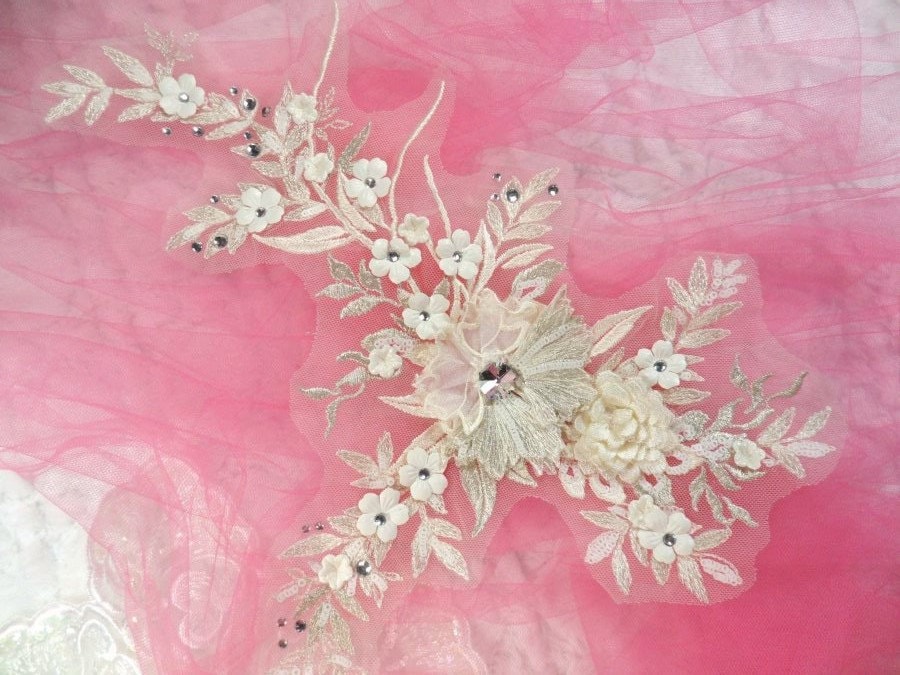Bestickte 3D Applikation Elfenbein Floral Ballett Pailletten Patch Strass Center 14"(Dh70-Iv von gloryshouse