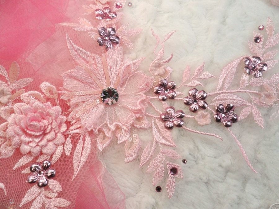 Bestickte 3D Applikation Rosa Blumen Ballett Pailletten Patch Strass Center 14"(Dh70-Pk von gloryshouse
