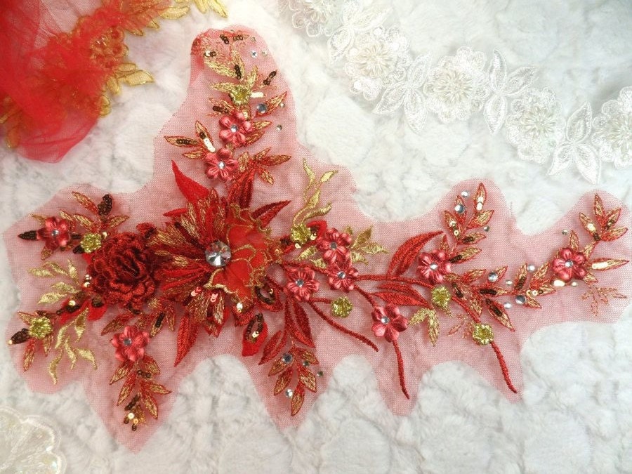 Bestickte 3D Applikation Rot Gold Floral Ballett Pailletten Patch Strass Center 14"(Dh70-rdgl von gloryshouse