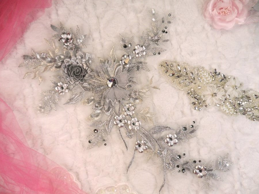Bestickte 3D Applikation Silber Metallic Floral Ballett Pailletten Patch Clear Strass Center 14"(Dh70-Sl von gloryshouse