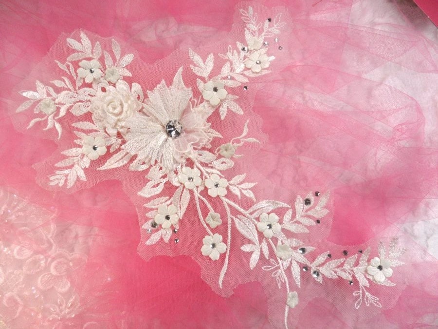 Bestickte 3D Applikationen Antik Weiß Floral Ballett Pailletten Patch Strass Center 14"(Dh70-Wha von gloryshouse