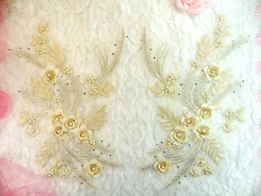 Bestickte 3D Applikationen Beige Florale Spiegel Paar W/Perlen Nähen Patch 13"(Dh76x-Bg von gloryshouse