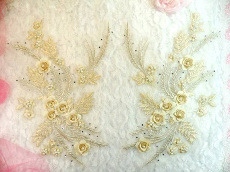 Bestickte 3D Applikationen Beige Florale Spiegel Paar W/Perlen Nähen Patch 13"(Dh76x-Bg von gloryshouse