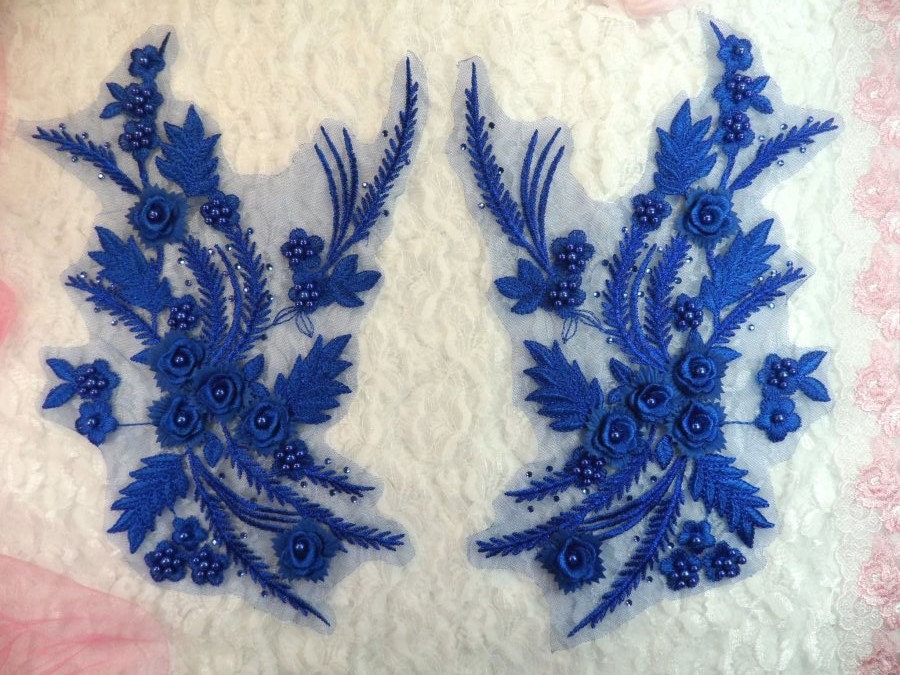 Bestickte 3D Applikationen Blau Floral Spiegel Paar W/Perlen Nähen Patch 13"(Dh76x-Bl von gloryshouse