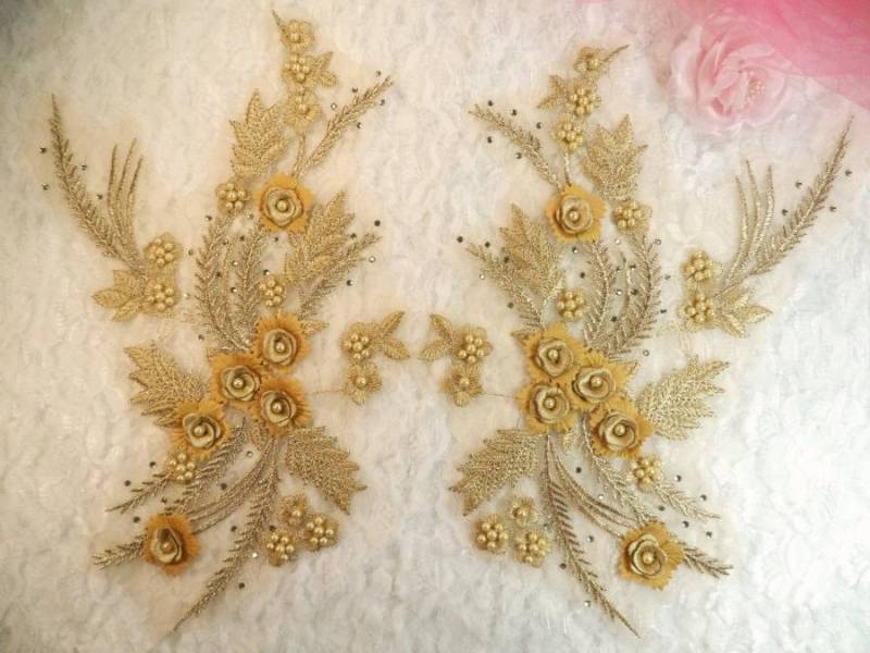 Bestickte 3D Applikationen Gold Floral Spiegel Paar W/Perlen Nähen Patch 13"(Dh76x-Gl von gloryshouse