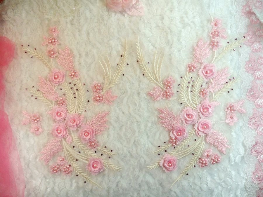 Bestickte 3D Applikationen Rosa Elfenbein Blumen Spiegel Paar W/Perlen Nähen Patch 13"(Dh76x-Pkiv von gloryshouse