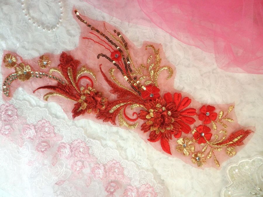 Bestickte 3D Applikationen Rot Gold Floral Ballett Pailletten Patch 13"(Dh72-rdgl von gloryshouse
