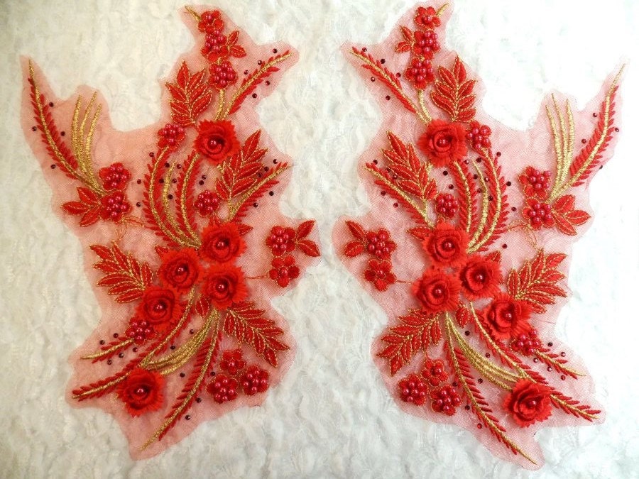 Bestickte 3D Applikationen Rot Gold Floral Spiegel Paar W/Perlen Nähen Patch 13"(Dh76x-rdgl von gloryshouse