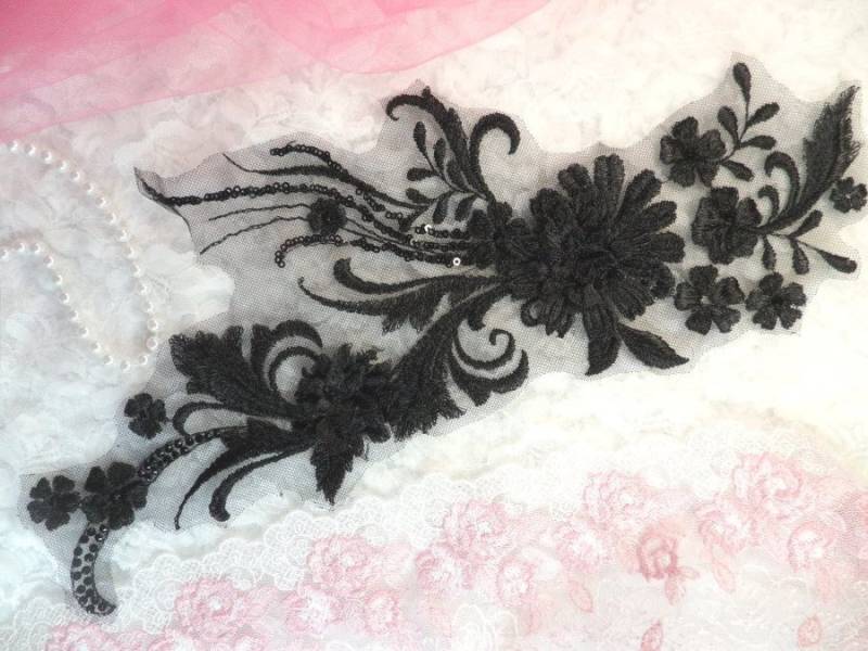 Bestickte 3D Applikationen Schwarz Floral Ballett Pailletten Patch 13"(Dh72-Bk von gloryshouse