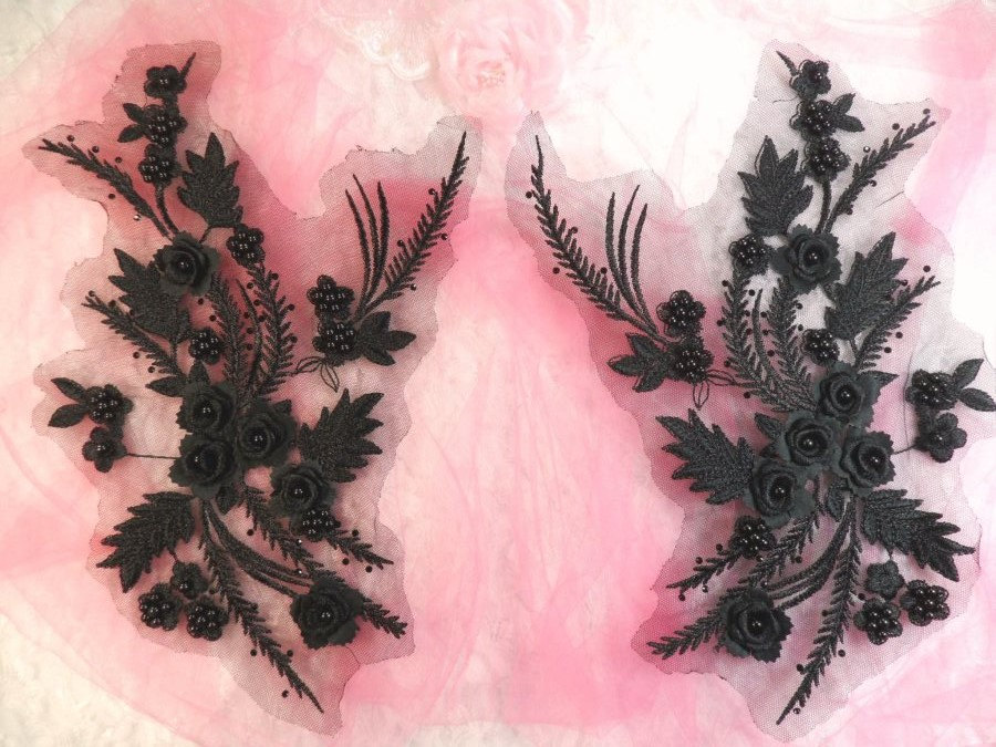 Bestickte 3D Applikationen Schwarz Floral Spiegelpaar Mit Perlen Nähen Aufnäher 13" | Dh76x-Bk von gloryshouse