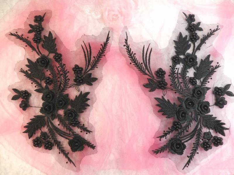 Bestickte 3D Applikationen Schwarz Floral Spiegelpaar Mit Perlen Nähen Aufnäher 13" | Dh76x-Bk von gloryshouse