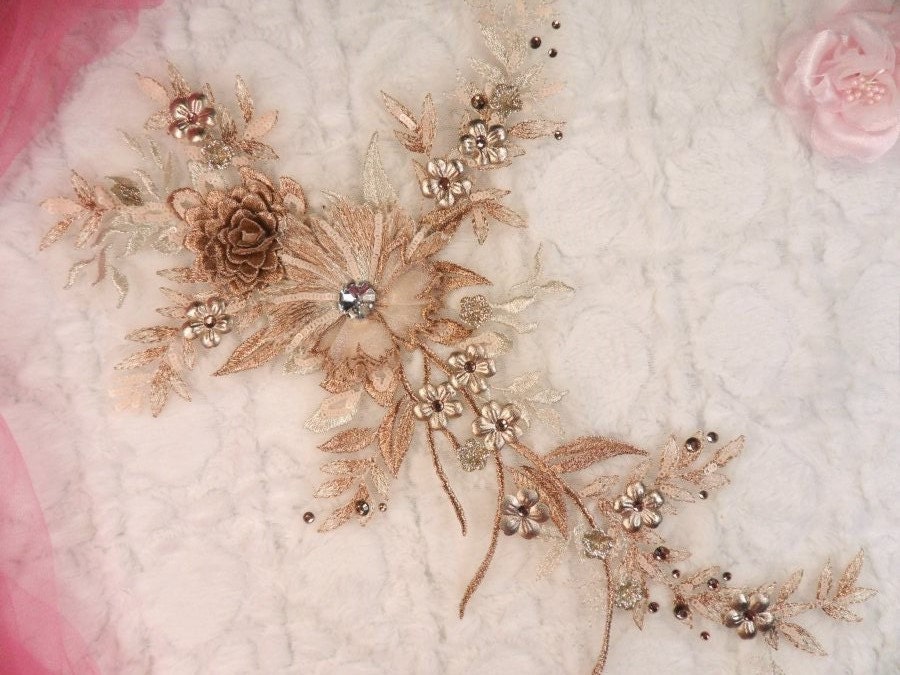 Gestickte 3D Applikation Rose Gold Champagner Floral Ballett Pailletten Patch Strass Center 14 "(Dh70-Rsgl von gloryshouse