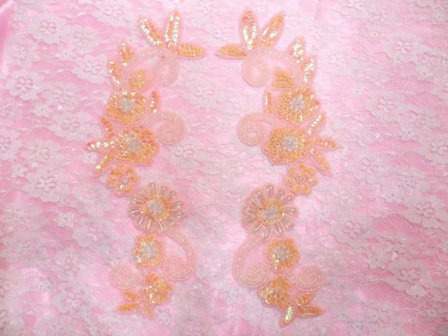 Mirror Pair Applique Crystal Peach Aurora Borealis Floral Sequin Beaded Patch 10 "(0183x-Crpch von gloryshouse