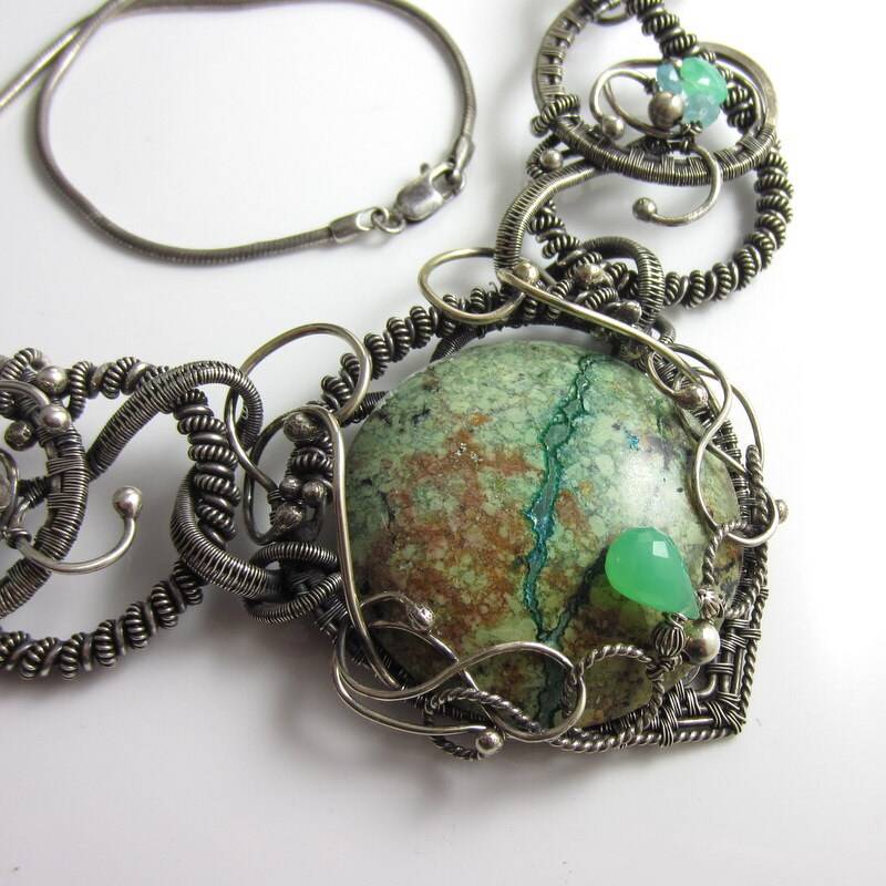 Alle Verflochten Halskette - Sterling Und Feines Silber Gewickelt Mit Chrysocholla/Quartzit, Chrysoprase Apatit von glowfly