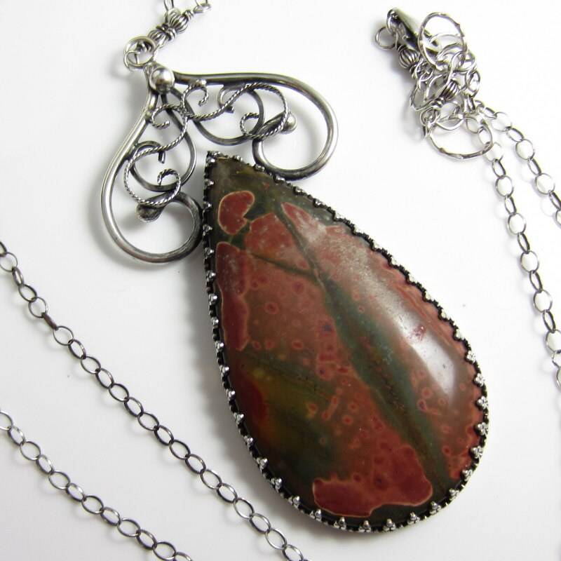 Cherry Creek Drop Halskette - Sterling Silber Filigrane Wirbel Und Jasper von glowfly