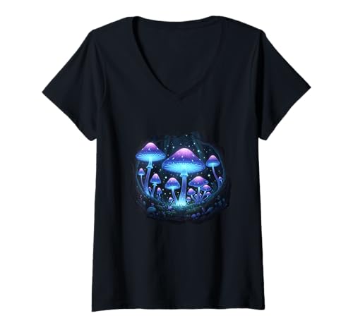 Damen Leuchtende Pilze Wald Nachtszene T-Shirt mit V-Ausschnitt Damen Leuchtende Pilze Wald Nachtszene T-Shirt mit V-Ausschnitt von glowing mushrooms bioluminescent forest night