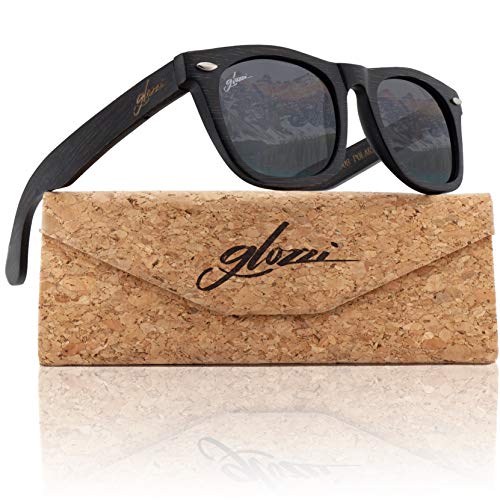 glozzi Bambus Holz Sonnenbrille für Damen & Herren - Polarisierte & Verspiegelte Brillengläser UV 400 Kategorie 3 - Mit Brillenetui aus Kork - Schwarz von glozzi