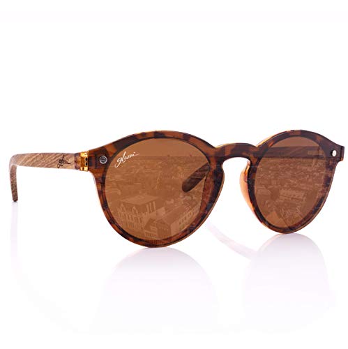 glozzi Sonnenbrille Damen Holz Polarisiert und Entspiegelt UV400 Braun Rund mit Holzbügeln aus Zebrano und Brillenetui aus Kork glozzi Sonnenbrille Damen Holz Polarisiert und Entspiegelt UV400 Braun Rund mit Holzbügeln aus Zebrano und Brillenetui aus Kork von glozzi