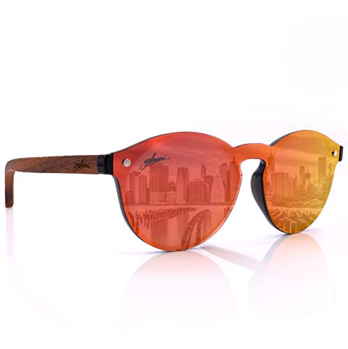 glozzi Sonnenbrille Damen Holz Verspiegelt Polarisiert und Entspiegelt UV400 Rot Rund mit Holzbügeln aus Ebenholz und Brillenetui aus Kork von glozzi