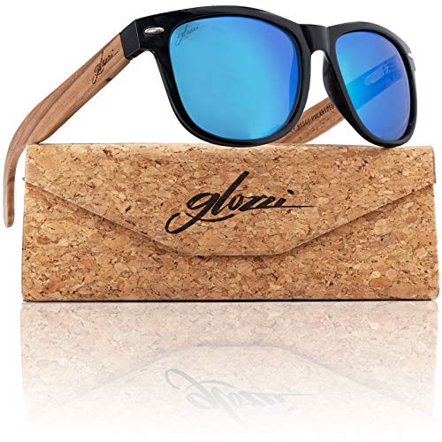 glozzi Sonnenbrille Herren und Damen Holz Polarisiert und Entspiegelt UV400 Blau Verspiegelt mit Holzbügeln aus Zebrano und Brillenetui aus Kork von glozzi