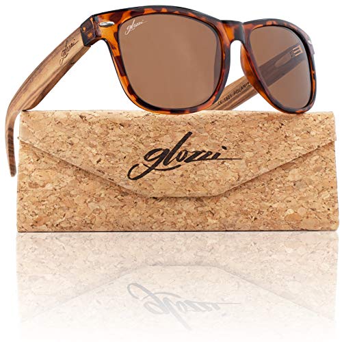 glozzi Sonnenbrille Herren und Damen Holz Polarisiert und Entspiegelt UV400 Braun mit Holzbügeln aus Zebrano und Brillenetui aus Kork von glozzi