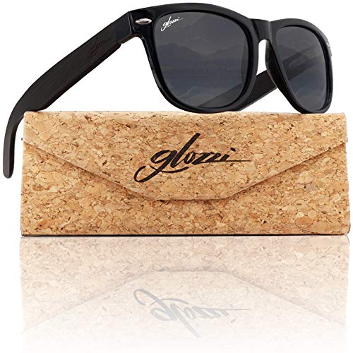 glozzi Sonnenbrille Herren und Damen Holz Polarisiert und Entspiegelt UV400 Schwarz mit Holzbügeln aus Ebenholz und Brillenetui aus Kork von glozzi