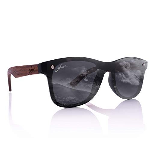 glozzi Sonnenbrille Herren und Damen Holz Polarisiert und Entspiegelt UV400 Schwarz mit Holzbügeln aus Walnuss und Brillenetui aus Kork von glozzi
