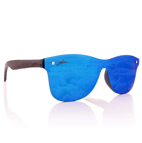 glozzi Sonnenbrille Herren und Damen Holz Verspiegelt Polarisiert und Entspiegelt UV400 Blau mit Holzbügeln aus Ebenholz und Brillenetui aus Kork von glozzi