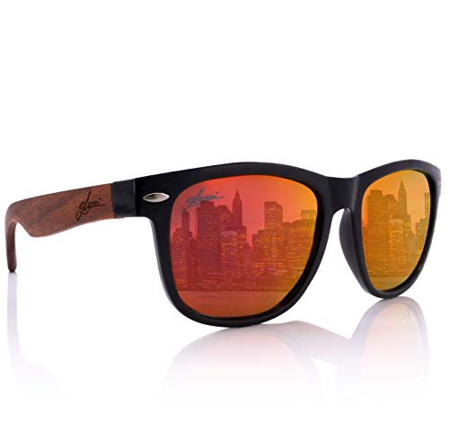 glozzi Sonnenbrille Herren und Damen Holz Verspiegelt Polarisiert und Entspiegelt UV400 Rot mit Holzbügeln aus Walnuss und Brillenetui aus Kork von glozzi