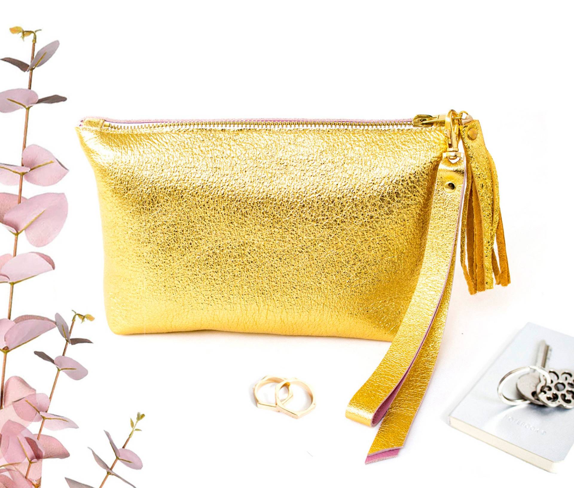 Gold Leder Kosmetiktasche, Clutch, Brauttasche Gold, Make Up Tasche, Wristlet Clutch von gmaloudesigns