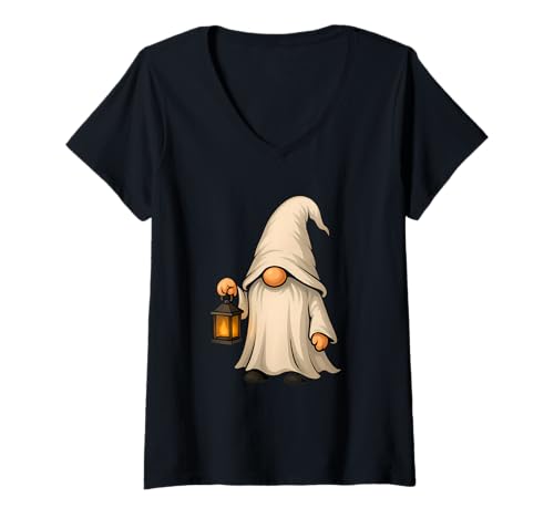 Damen Geisterzwerg mit Kapuze und Laterne Halloween T-Shirt mit V-Ausschnitt Damen Geisterzwerg mit Kapuze und Laterne Halloween T-Shirt mit V-Ausschnitt von gnome lantern ghost halloween cloak halloween