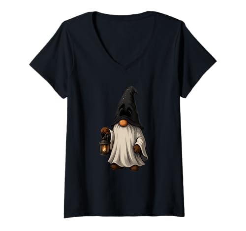 Damen Zwerg mit Laterne Halloween T-Shirt mit V-Ausschnitt Damen Zwerg mit Laterne Halloween T-Shirt mit V-Ausschnitt von gnome lantern night cozy halloween halloween