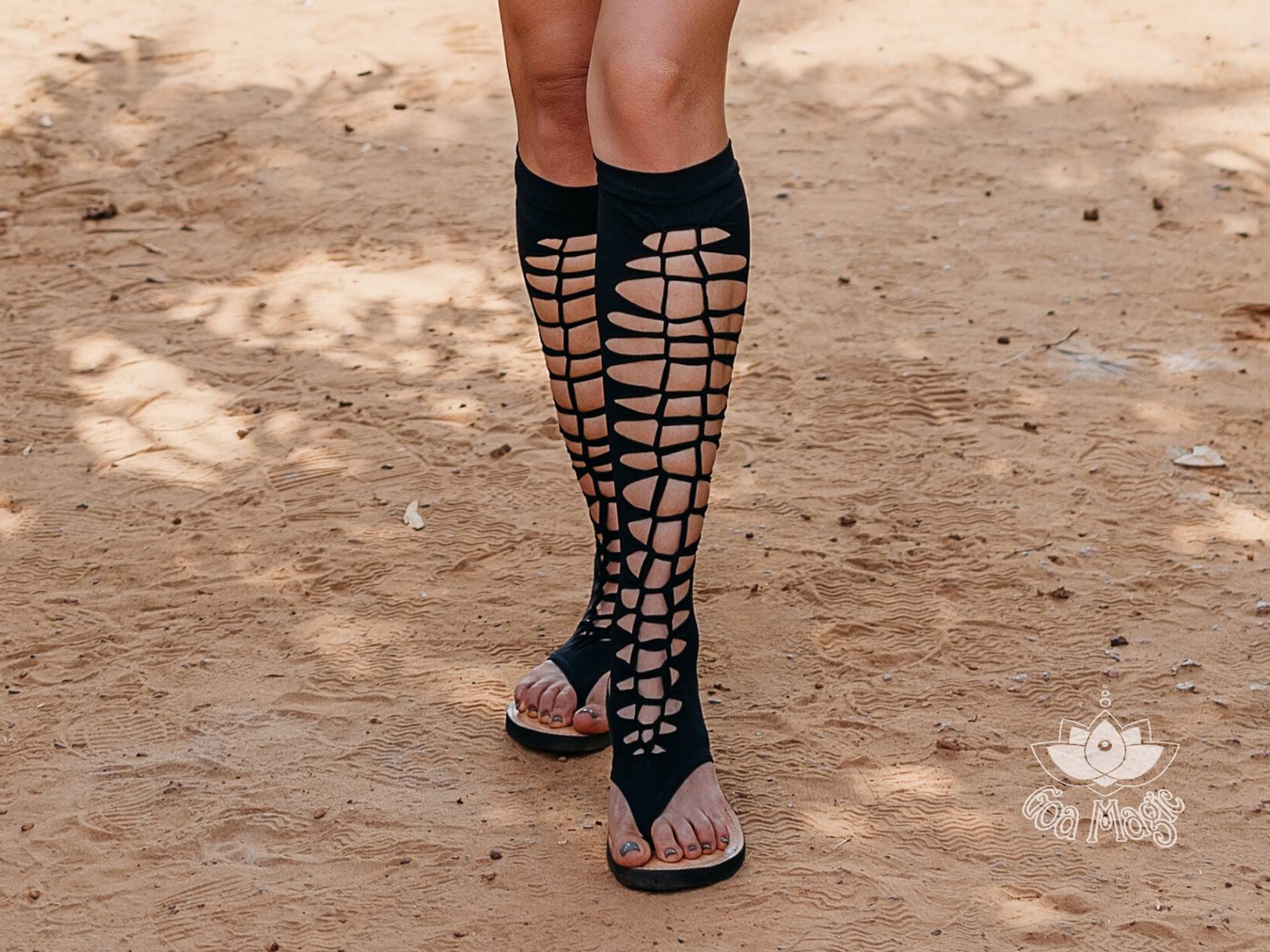 Schwarze Gladiator Sandalen, Oberschenkel Hohe Flache Lange Knie Festival Halloween-Kostüm von goamagic