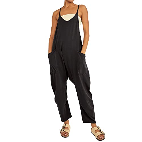 Godoboo Damen Loose Jumpsuit Baggy Oversize Latzhose Ärmellos Overall Strampler Overall Rompers Wide Leg Playsuit Retro Arbeitshose Baumwolle Jumpsuit mit Große Taschen Arbeitshose von Godoboo