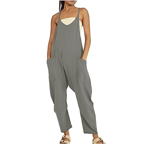 Godoboo Damen Loose Jumpsuit Baggy Oversize Latzhose Ärmellos Overall Strampler Overall Rompers Wide Leg Playsuit Retro Arbeitshose Baumwolle Jumpsuit mit Große Taschen Arbeitshose von Godoboo